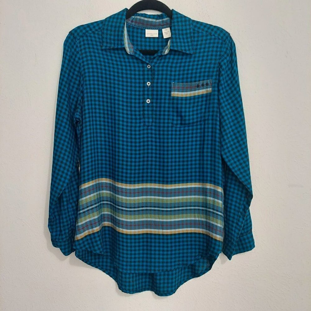 NEW Westbound Women's Top Blue Plaid‎ Petite Size PM Tunic Shirt Roll tab Sleeve